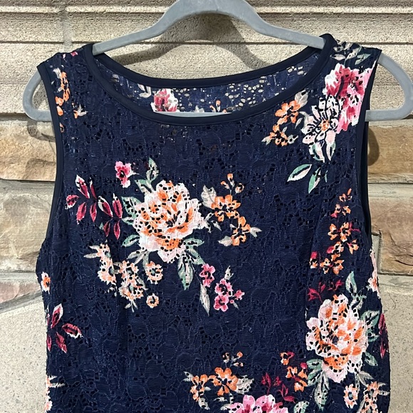 Navy Blue and Pink Lace Floral Midi Dress - Picture 2 of 7